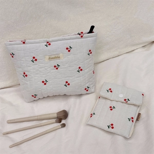 Quilted cherry print cotton cosmetic bag with matching pouch and makeup brushes
