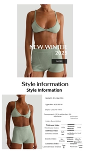 Detail view of sage green ribbed athletic set with bra, shorts, and fabric material specs