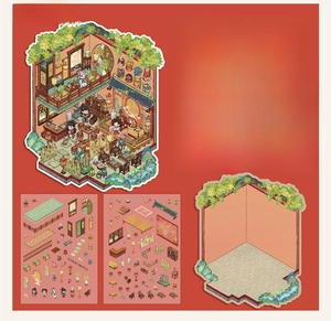 Detailed view of Chinese style 3D collage sticker set with PVC decals and scenery base card