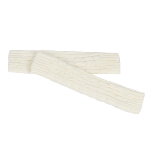 Close-up of white cable knit long fingerless gloves showing soft wool texture and detail