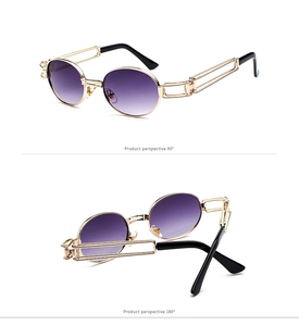Detail view of gold steampunk sunglasses with purple gradient lenses and metal frames