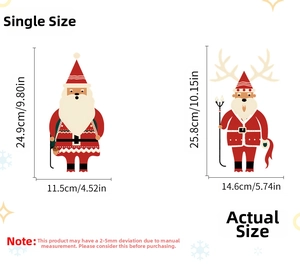 Size chart showing dimensions of Christmas stickers: Santa 24.9x11.5cm and Reindeer 25.8x14.6cm