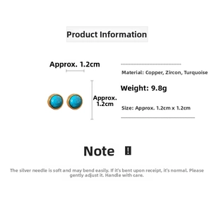 Detail view of vintage round turquoise earrings with gold plating and copper size specs