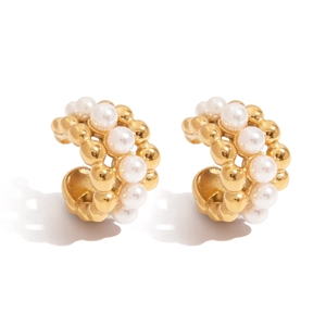 Elegant 18K gold plated stainless steel C-shaped earrings with double rows of white pearls