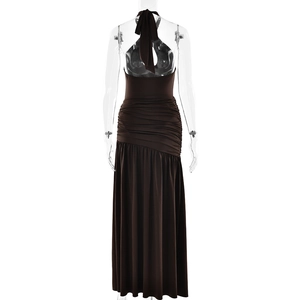 Detailed back view of a dark brown backless halter dress with elegant waist pleats