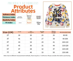 Detailed size chart for boys' excavator print sweatshirt including dimensions from 2T to 7T