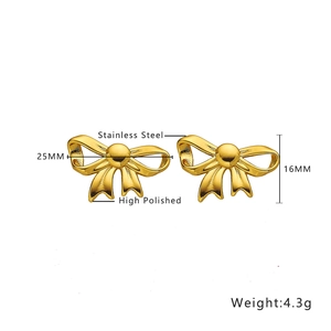 Detailed view of golden stainless steel bow earrings with high polished finish and dimensions