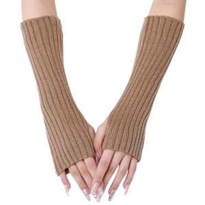 Camel long ribbed knit arm warmers with fingerless design for unisex winter warmth