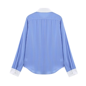 Back view of a casual loose-fit blue and white striped shirt with white collar and cuffs