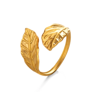 Minimalist adjustable open ring for women featuring a polished gold leaf design