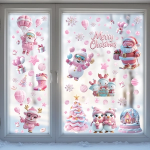 Christmas Window Stickers Pink Cartoon Santa Claus Snowman PVC Static Cling Glass Door Decals Holiday Home Decor