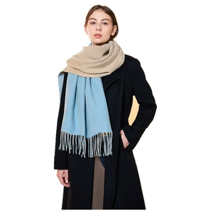 Double-sided beige and blue cashmere-like scarf with fringe tassels for winter warmth