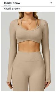 Detail of khaki brown seamless yoga set featuring long sleeve crop top and high waist leggings