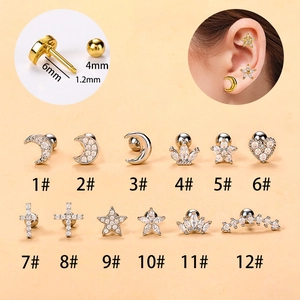 Stainless Steel Zircon Ear Cartilage Stud Piercing Jewelry Moon Star Heart Crown Cross Flower Shape Gold Silver Conch Stud Earrings