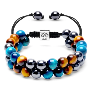 Detail of adjustable woven bracelet with blue tiger eye beads and tree of life charm