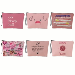 Set di borse cosmetiche in lino rosa con stampe di lettere e cerniere resistenti