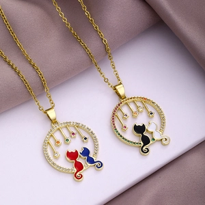 Cat Pendant Necklace Copper Enamel Zircon Inlaid Round Star Charming Fashion Jewelry For Couples Friends Gift Gold Plated