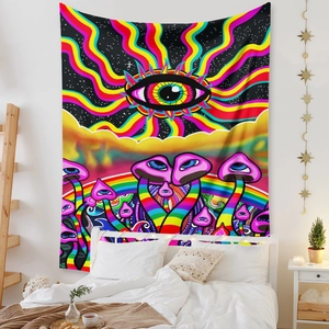 Detail of psychedelic mushroom tapestry with colorful eye and neon rainbow lines for decor