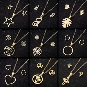 Edelstahl Schmuck Halskette Und Ohrringe Hohl Stern Katze Palme Blatt Welle Herz Kompass Muster Mode Für Frauen