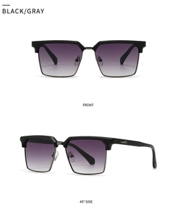 Close-up of square sunglasses with black frames and gradient purple polarized lenses