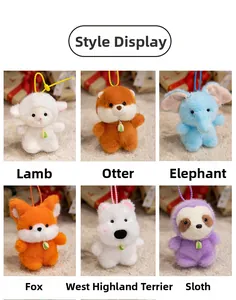 Close-up of cute plush animal keychains with colorful bead chains in 6 various designs
