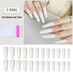 Coffret de 24 faux ongles longs ballerine blancs avec colle et mini lime à ongles