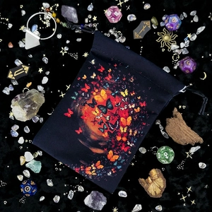 Velvet drawstring pouch for tarot cards and dice with colorful butterfly pattern print