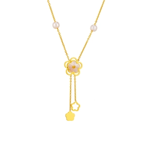 Camellia Flower Pendant Necklace Stainless Steel Mother Of Artificial Pearl Tassel Charms Elegant Korean Style Gold Jewelry Women