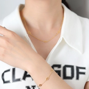 Minimalist gold-plated stainless steel pig nose chain necklace and bracelet jewelry set