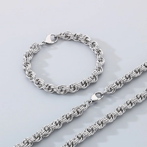 Handmade silver stainless steel twist chain necklace and bracelet jewelry set for men
