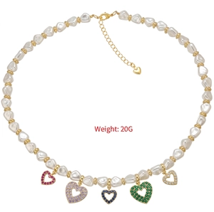Colorful heart pendant necklace with imitation pearls and vibrant pavé crystals