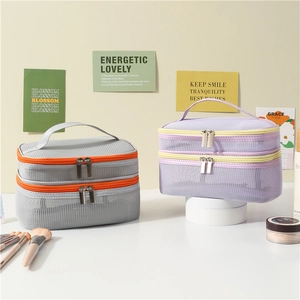 Minimalist double-layer mesh cosmetic bag in grey and purple with portable handles