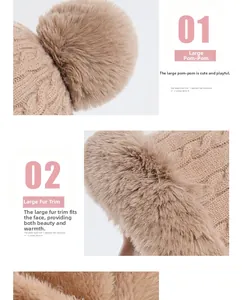 Detail of warm camel knit hat featuring a large fluffy pom-pom and thick faux fur brim