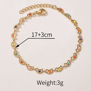 Detail of gold moon link chain with colorful enamel hearts and sizing 17+3cm