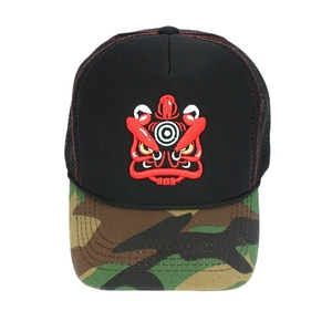 Trucker hat with red lion embroidery, camouflage brim and black mesh back