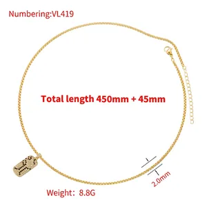 Gold plated hip hop necklace with paved cubic zirconia rectangle pendant on white backdrop