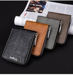 Detailed display of four leather RFID wallets in black, brown, grey and coffee colors