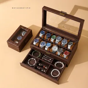 Dual-layer walnut wood watch box with 10 slots and jewelry drawer for storage