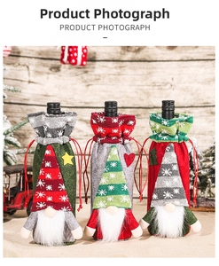 Detailed view of three knitted Christmas gnome wine bottle covers with snowflake embroidery