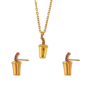 Golden cola cup jewelry set with necklace and stud earrings with pink rhinestones