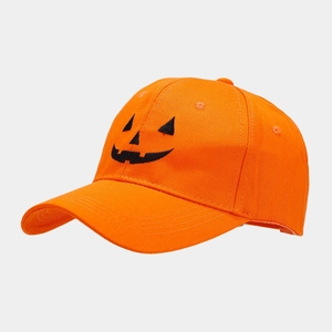 Orange Halloween baseball cap with black Jack-o'-lantern pumpkin face embroidery