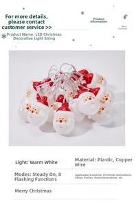 Close-up of Santa Claus LED string lights with plastic housings and copper wire