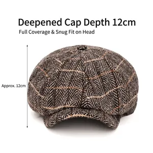 British newsboy cap in brown tweed with herringbone pattern and 12cm depth