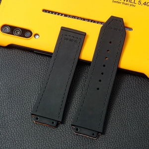 Black leather rubber watch strap replacement with brown lining for luxury chronographs
