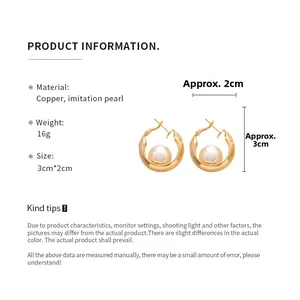 Detailed view of gold plated mesh hoop earrings with white pearls and size specifications