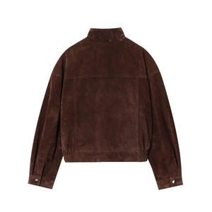 Back view of a premium dark brown suede aviator jacket with pocket details on white background