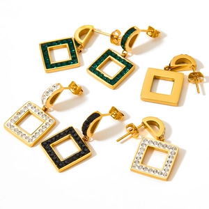 Elegant gold stainless steel square earrings with colorful cubic zirconia crystals