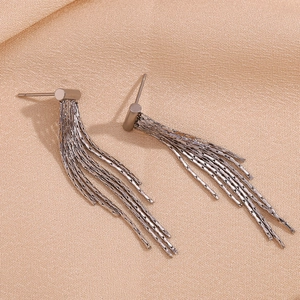 Close-up of elegant silver chain tassel earrings with a polished metallic finish