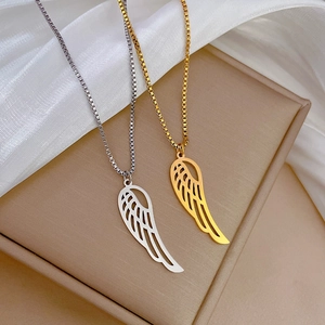 Minimalist stainless steel necklaces with hollow angel wing pendants in gold and silver