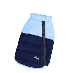 Quilted blue pet winter vest with reflective strips and zipper closure for dogs